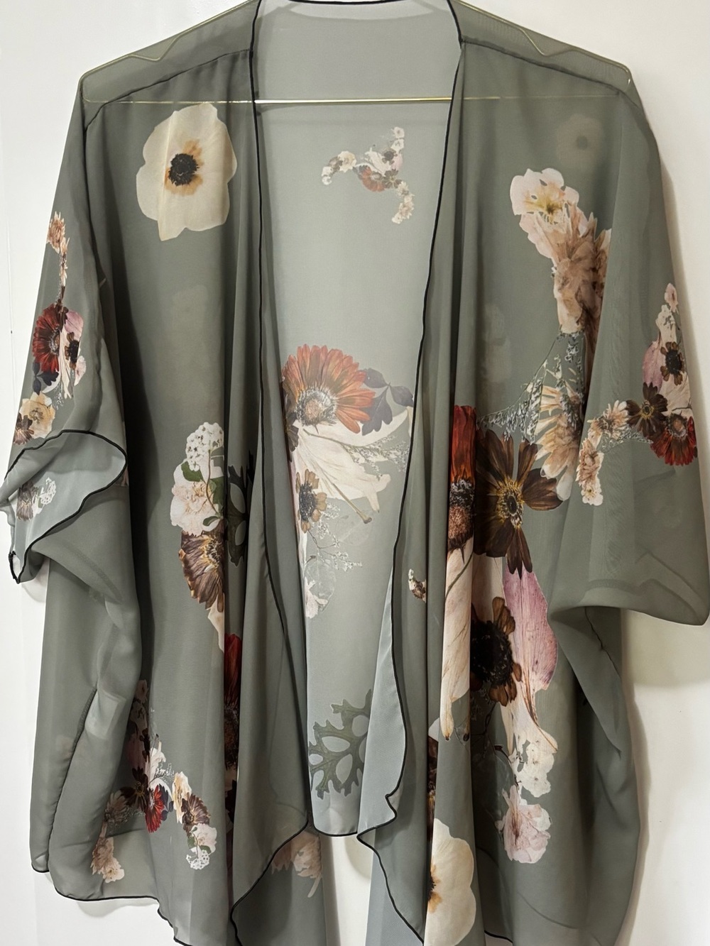 Abstract Flowy Floral Sheer Kimono Jacket in Sage Green & Neutrals Sz L/XL